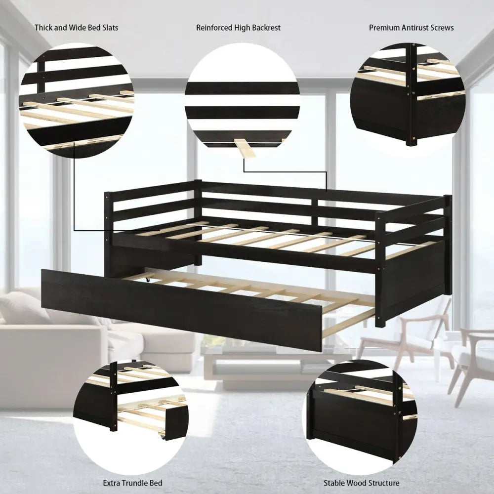 Twin Size Trundle Platform Bed Frame with Wooden Slat Support-Dark Brown - Dark Brown - Trundle Bed Frame