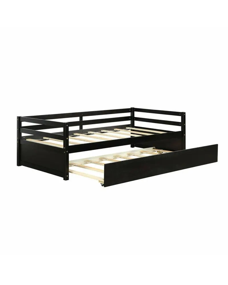 Twin Size Trundle Platform Bed Frame with Wooden Slat Support-Dark Brown - Dark Brown - Trundle Bed Frame