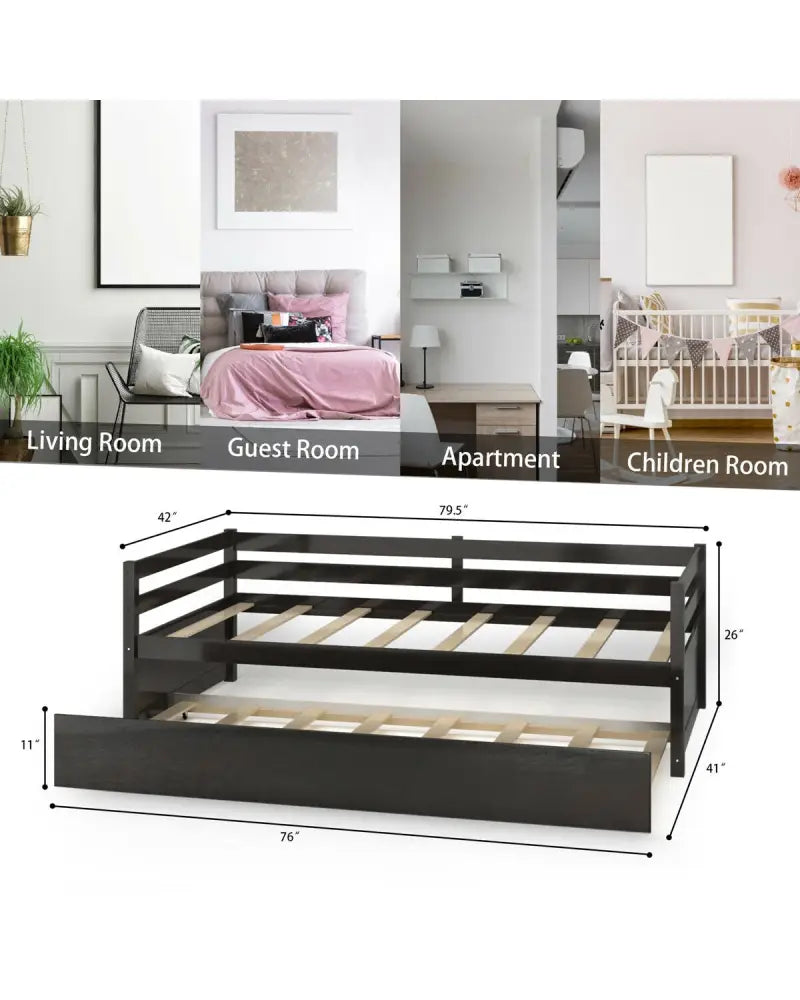 Twin Size Trundle Platform Bed Frame with Wooden Slat Support-Dark Brown - Dark Brown - Trundle Bed Frame