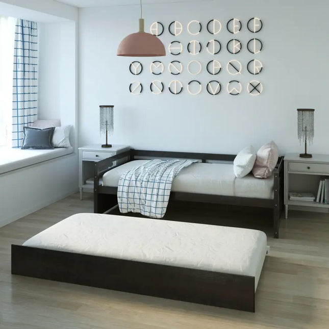 Twin Size Trundle Platform Bed Frame with Wooden Slat Support-Dark Brown - Dark Brown - Trundle Bed Frame