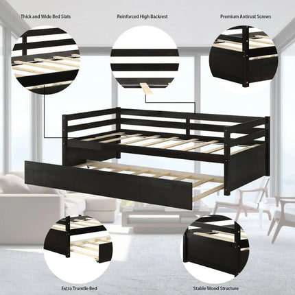 Twin Size Trundle Platform Bed Frame with Wooden Slat Support-Dark Brown - Dark Brown - Trundle Bed Frame