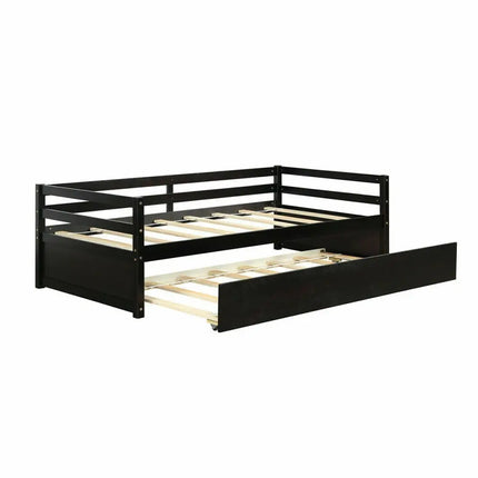 Twin Size Trundle Platform Bed Frame with Wooden Slat Support-Dark Brown - Dark Brown - Trundle Bed Frame