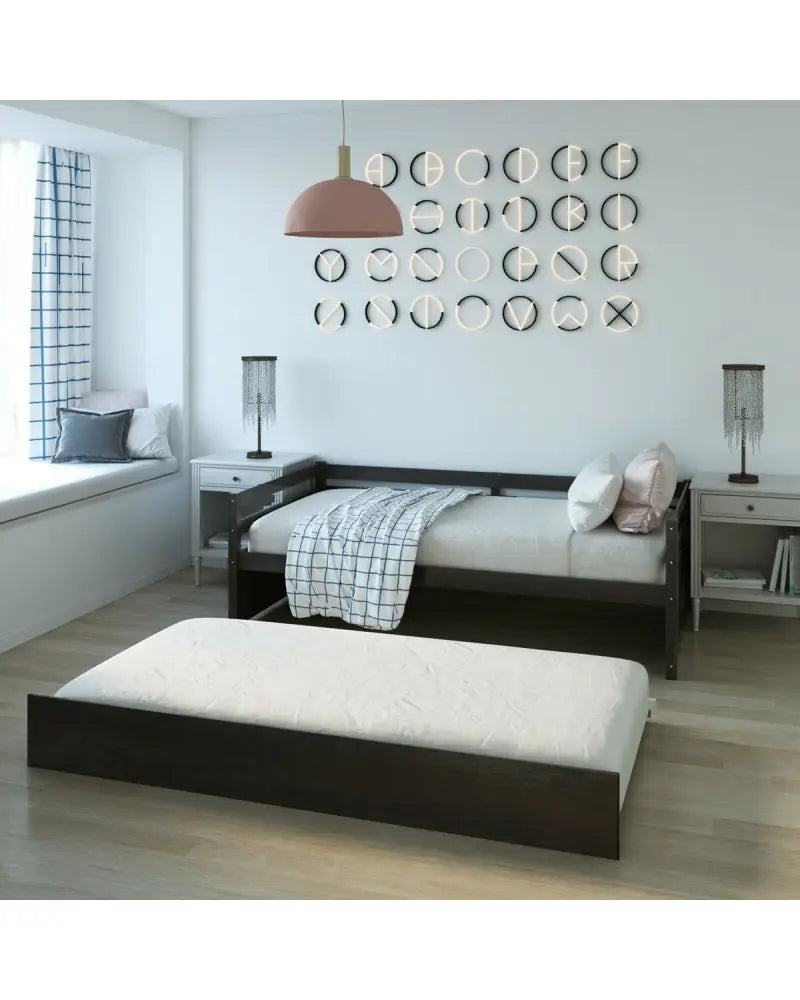 Twin Size Trundle Platform Bed Frame with Wooden Slat Support-Dark Brown - Dark Brown - Trundle Bed Frame