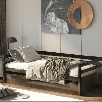 Twin Size Trundle Platform Bed Frame with Wooden Slat Support-Dark Brown - Dark Brown - Trundle Bed Frame