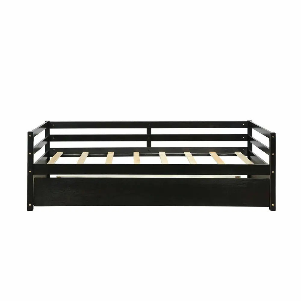 Twin Size Trundle Platform Bed Frame with Wooden Slat Support-Dark Brown - Dark Brown - Trundle Bed Frame