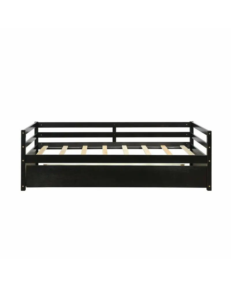 Twin Size Trundle Platform Bed Frame with Wooden Slat Support-Dark Brown - Dark Brown - Trundle Bed Frame