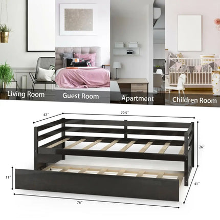 Twin Size Trundle Platform Bed Frame with Wooden Slat Support-Dark Brown - Dark Brown - Trundle Bed Frame