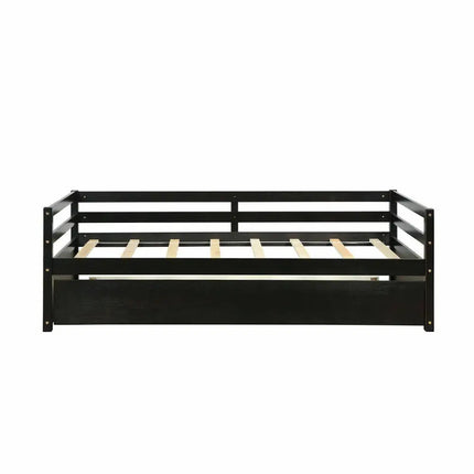 Twin Size Trundle Platform Bed Frame with Wooden Slat Support-Dark Brown - Dark Brown - Trundle Bed Frame