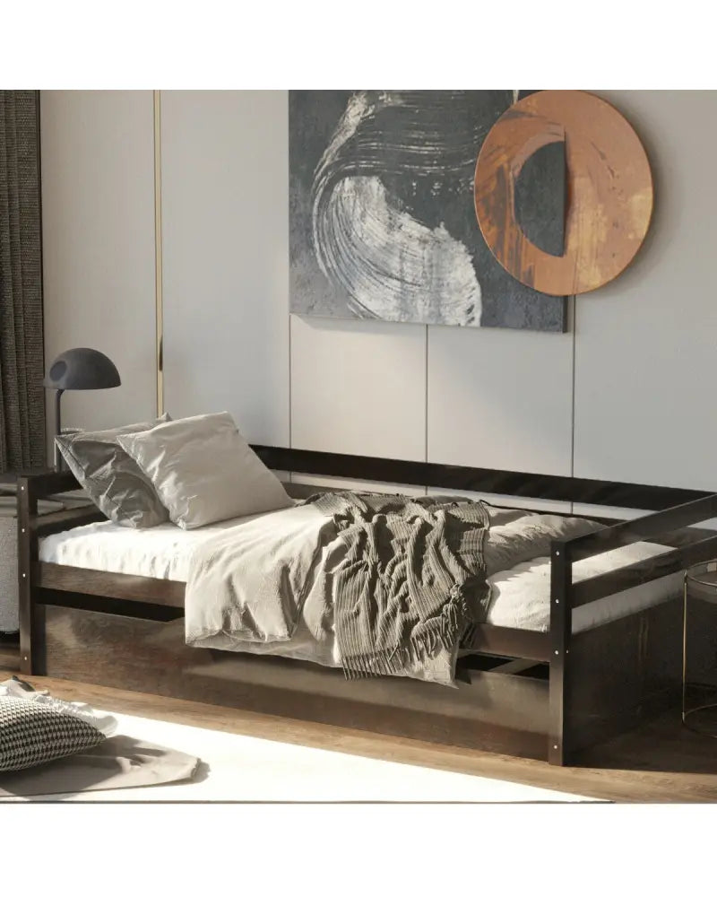 Twin Size Trundle Platform Bed Frame with Wooden Slat Support-Dark Brown - Dark Brown - Trundle Bed Frame