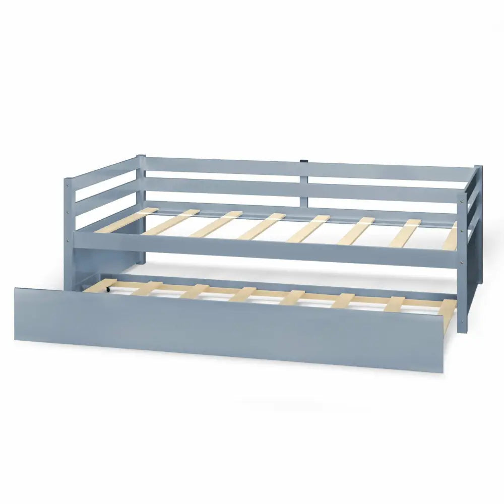 Twin Size Trundle Platform Bed Frame with Wooden Slat Support-Gray - Gray - Trundle Bed Frame