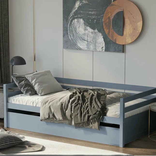 Twin Size Trundle Platform Bed Frame with Wooden Slat Support-Gray - Gray - Trundle Bed Frame