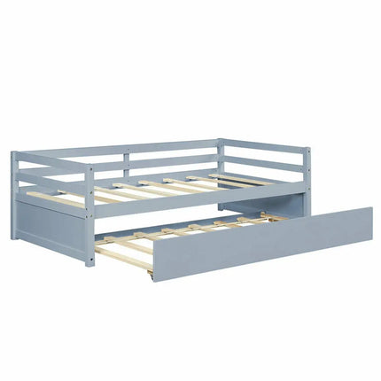 Twin Size Trundle Platform Bed Frame with Wooden Slat Support-Gray - Gray - Trundle Bed Frame