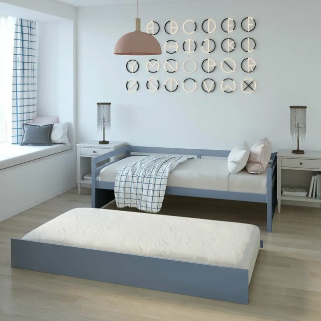 Twin Size Trundle Platform Bed Frame with Wooden Slat Support-Gray - Gray - Trundle Bed Frame