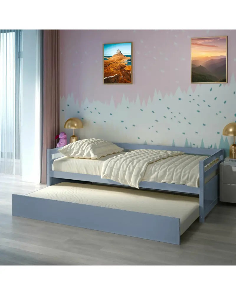 Twin Size Trundle Platform Bed Frame with Wooden Slat Support-Gray - Gray - Trundle Bed Frame