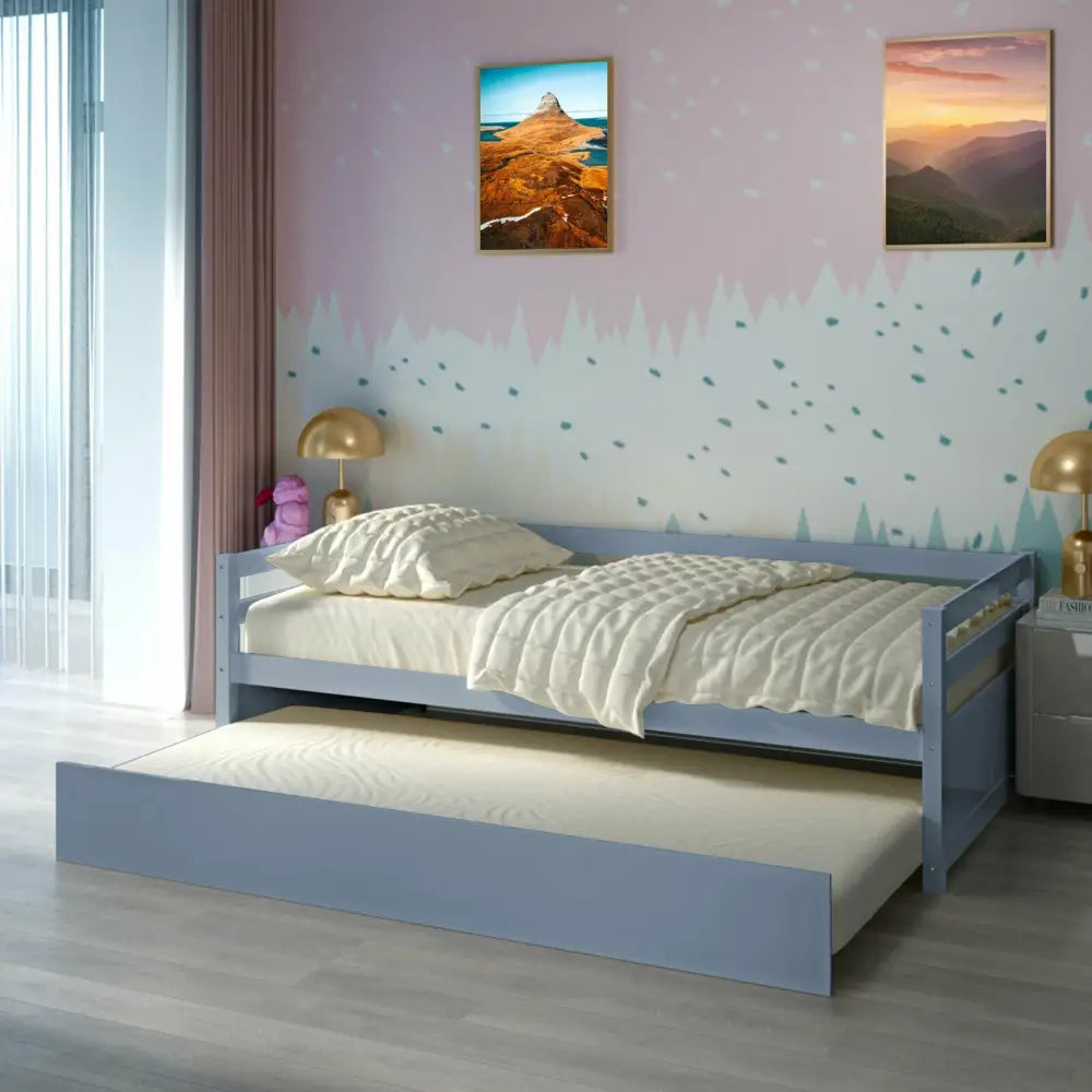 Twin Size Trundle Platform Bed Frame with Wooden Slat Support-Gray - Gray - Trundle Bed Frame