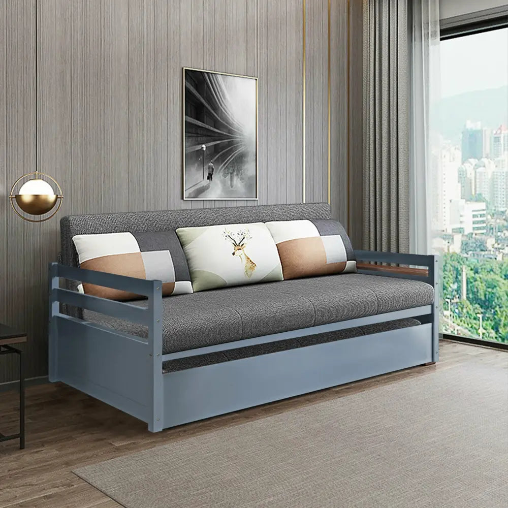 Twin Size Trundle Platform Bed Frame with Wooden Slat Support-Gray - Gray - Trundle Bed Frame