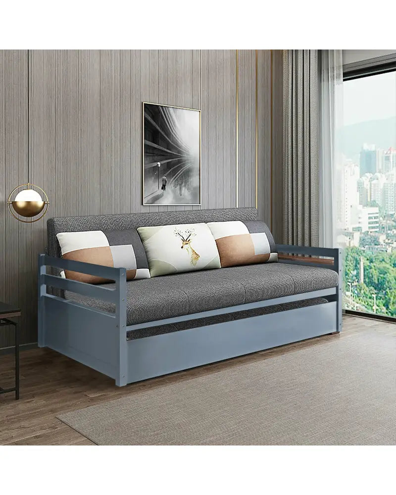 Twin Size Trundle Platform Bed Frame with Wooden Slat Support-Gray - Gray - Trundle Bed Frame