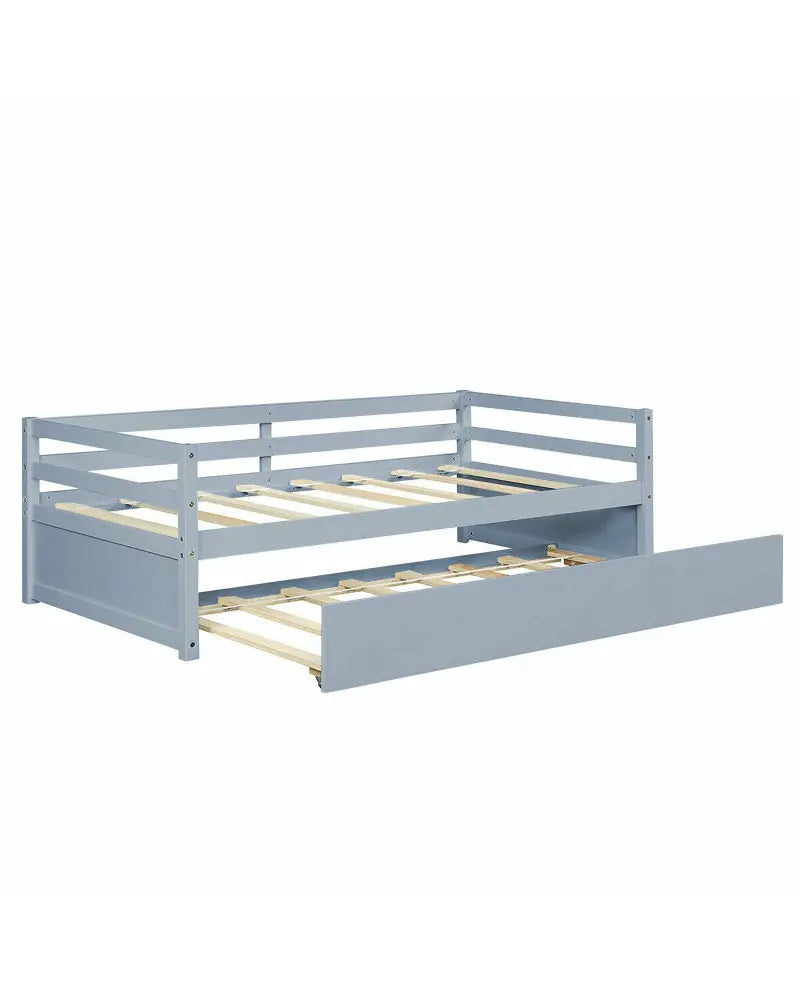 Twin Size Trundle Platform Bed Frame with Wooden Slat Support-Gray - Gray - Trundle Bed Frame