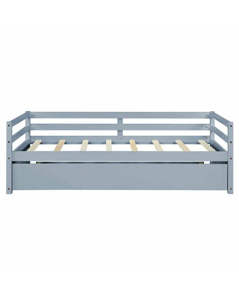 Twin Size Trundle Platform Bed Frame with Wooden Slat Support-Gray - Gray - Trundle Bed Frame