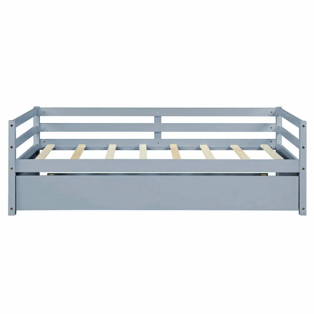 Twin Size Trundle Platform Bed Frame with Wooden Slat Support-Gray - Gray - Trundle Bed Frame