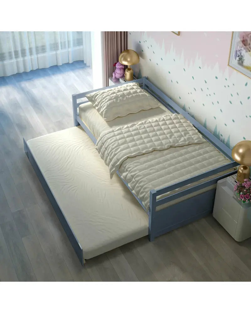 Twin Size Trundle Platform Bed Frame with Wooden Slat Support-Gray - Gray - Trundle Bed Frame