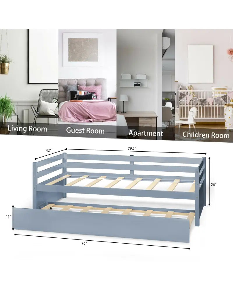 Twin Size Trundle Platform Bed Frame with Wooden Slat Support-Gray - Gray - Trundle Bed Frame