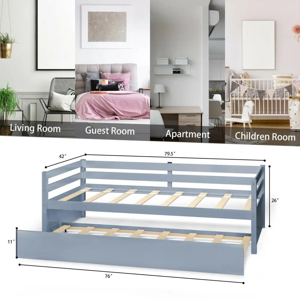 Twin Size Trundle Platform Bed Frame with Wooden Slat Support-Gray - Gray - Trundle Bed Frame