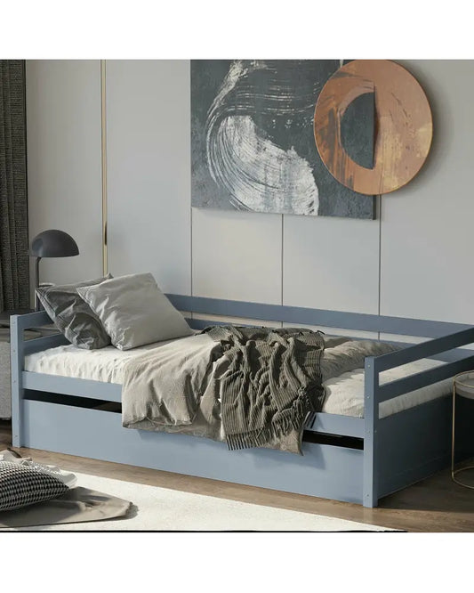 Twin Size Trundle Platform Bed Frame with Wooden Slat Support-Gray - Gray - Trundle Bed Frame