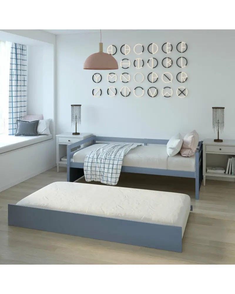 Twin Size Trundle Platform Bed Frame with Wooden Slat Support-Gray - Gray - Trundle Bed Frame