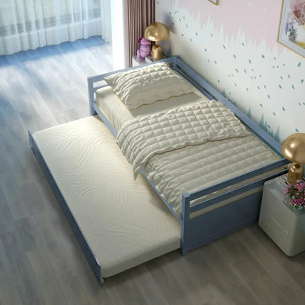 Twin Size Trundle Platform Bed Frame with Wooden Slat Support-Gray - Gray - Trundle Bed Frame