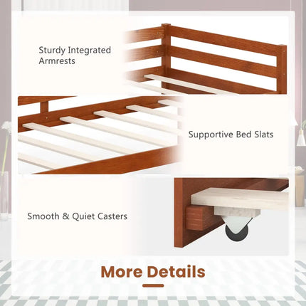 Twin Size Trundle Platform Bed Frame with Wooden Slat Support-Walnut - Walnut - Trundle Bed Frame