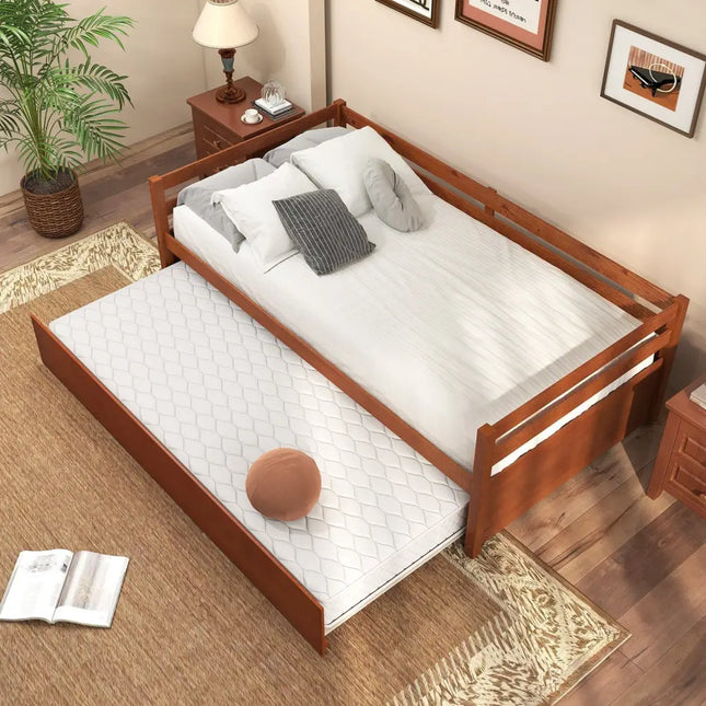 Twin Size Trundle Platform Bed Frame with Wooden Slat Support-Walnut - Walnut - Trundle Bed Frame