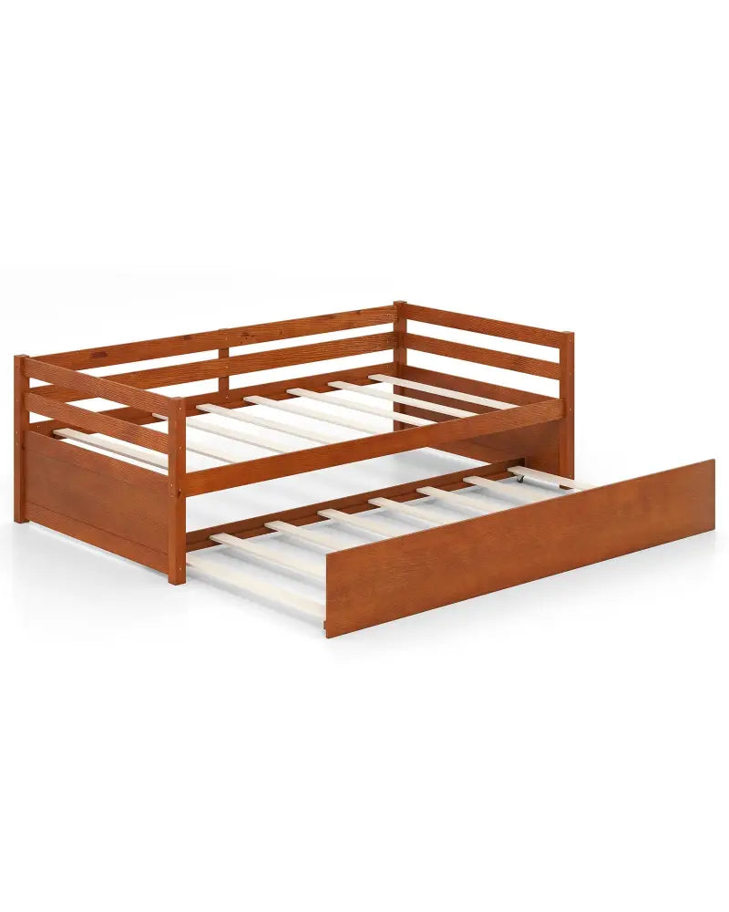 Twin Size Trundle Platform Bed Frame with Wooden Slat Support-Walnut - Walnut - Trundle Bed Frame
