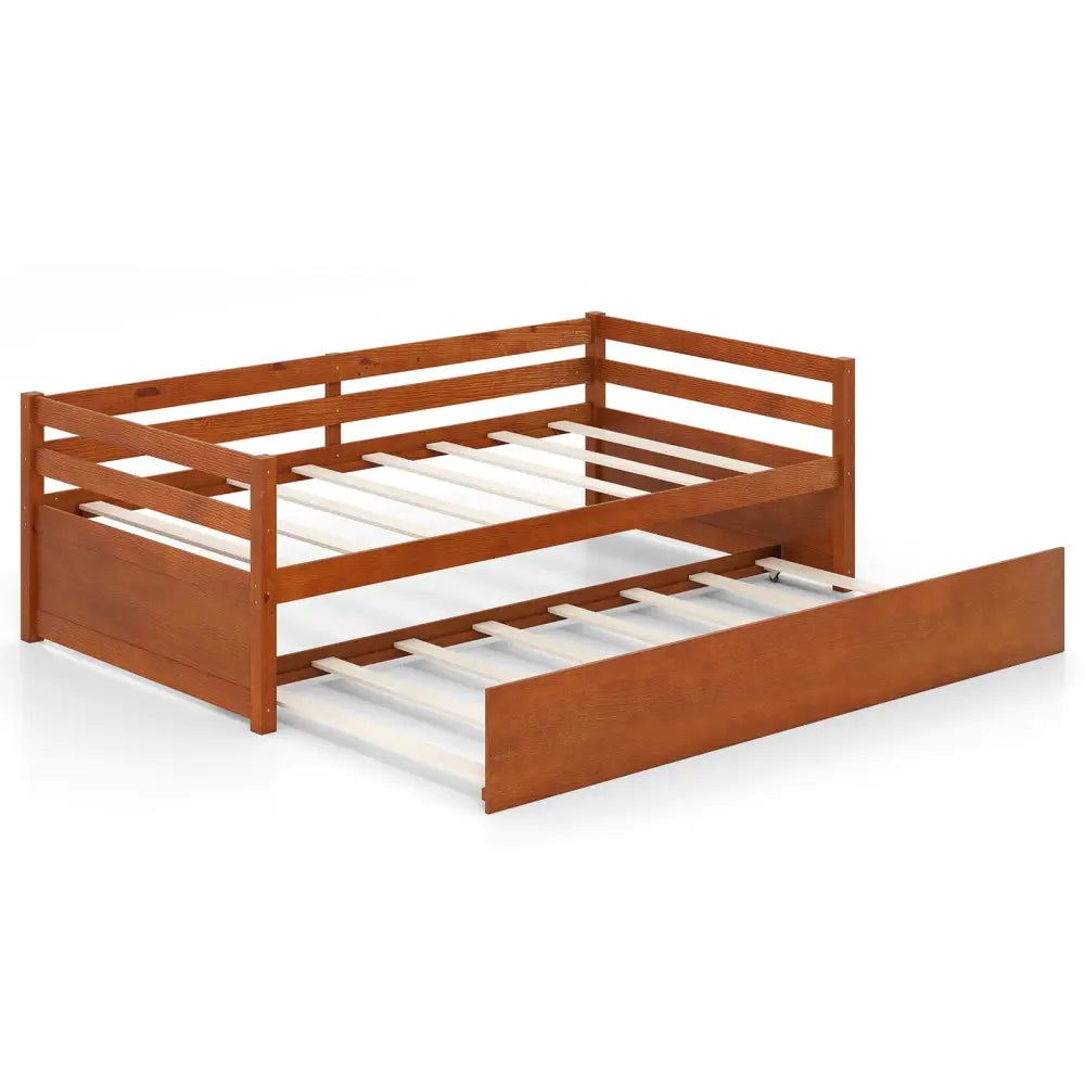 Twin Size Trundle Platform Bed Frame with Wooden Slat Support-Walnut - Walnut - Trundle Bed Frame