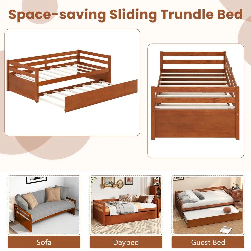 Twin Size Trundle Platform Bed Frame with Wooden Slat Support-Walnut - Walnut - Trundle Bed Frame