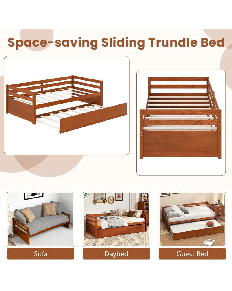Twin Size Trundle Platform Bed Frame with Wooden Slat Support-Walnut - Walnut - Trundle Bed Frame