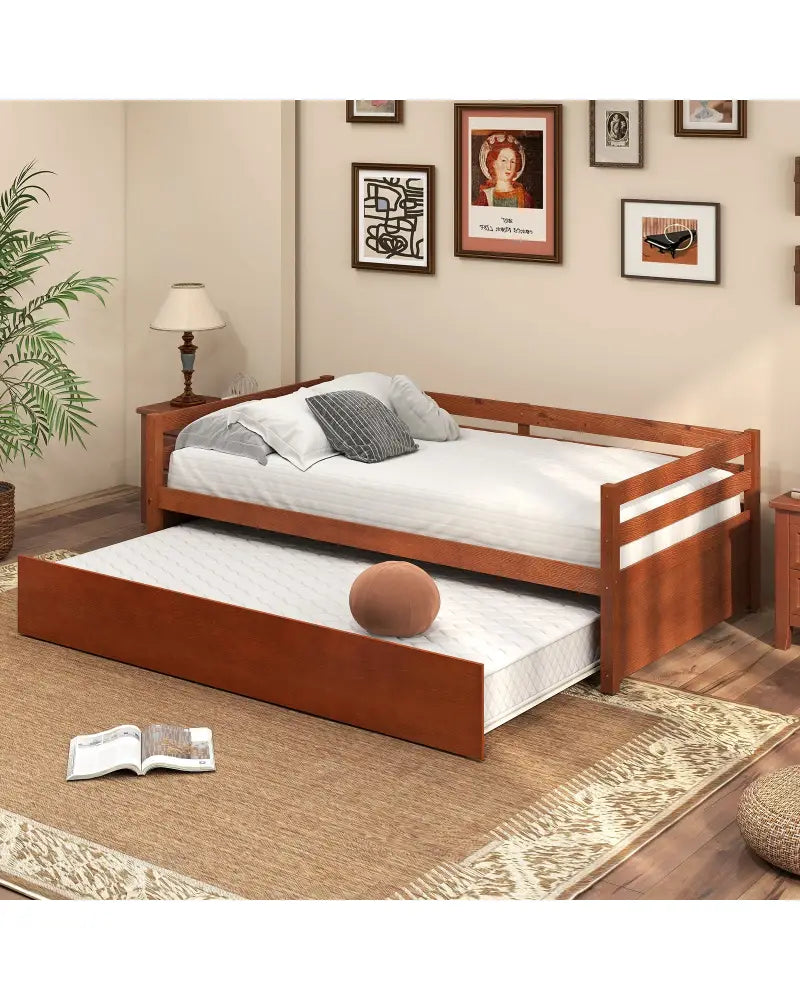 Twin Size Trundle Platform Bed Frame with Wooden Slat Support-Walnut - Walnut - Trundle Bed Frame