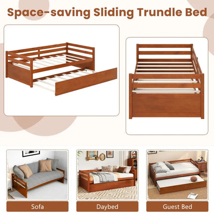Twin Size Trundle Platform Bed Frame with Wooden Slat Support-Walnut - Walnut - Trundle Bed Frame