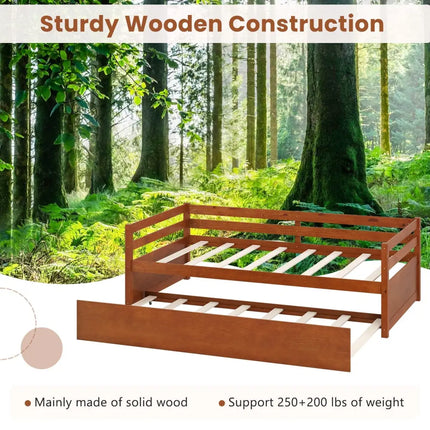 Twin Size Trundle Platform Bed Frame with Wooden Slat Support-Walnut - Walnut - Trundle Bed Frame