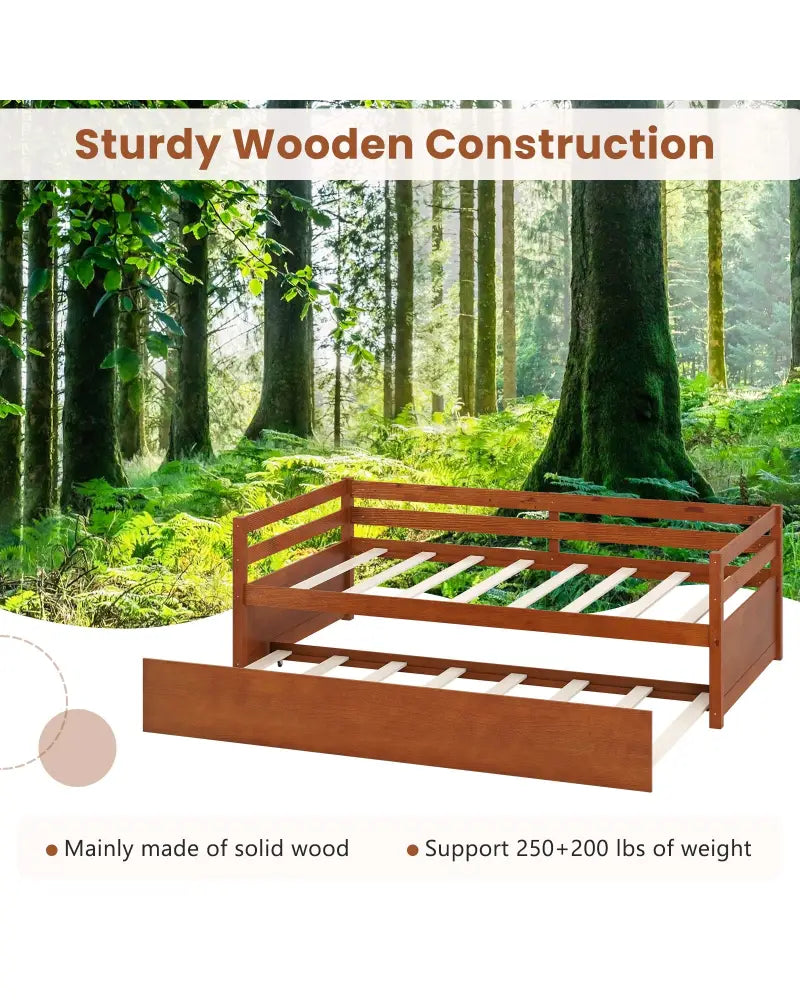 Twin Size Trundle Platform Bed Frame with Wooden Slat Support-Walnut - Walnut - Trundle Bed Frame