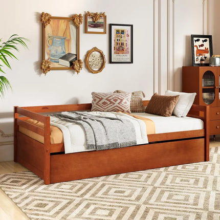 Twin Size Trundle Platform Bed Frame with Wooden Slat Support-Walnut - Walnut - Trundle Bed Frame