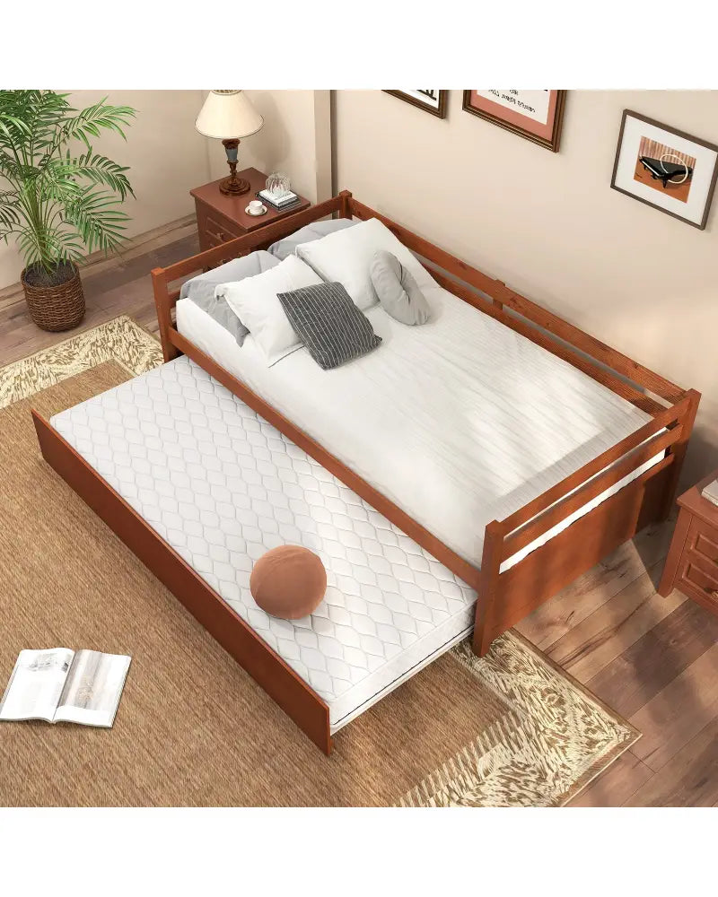 Twin Size Trundle Platform Bed Frame with Wooden Slat Support-Walnut - Walnut - Trundle Bed Frame