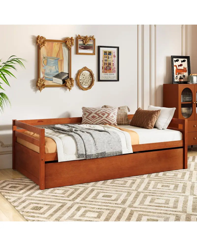 Twin Size Trundle Platform Bed Frame with Wooden Slat Support-Walnut - Walnut - Trundle Bed Frame