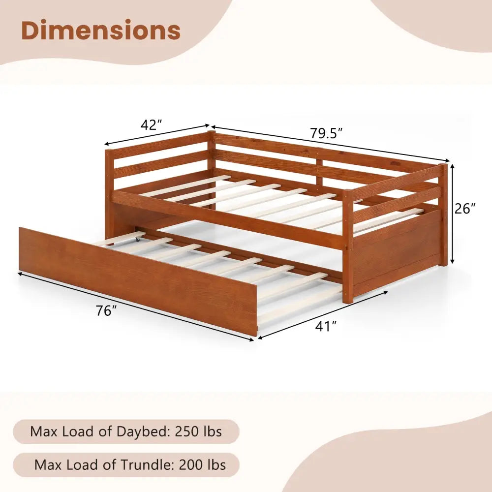 Twin Size Trundle Platform Bed Frame with Wooden Slat Support-Walnut - Walnut - Trundle Bed Frame