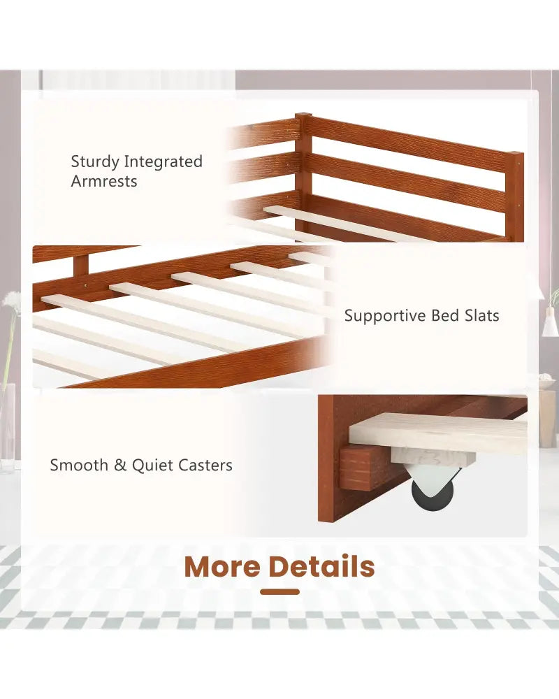 Twin Size Trundle Platform Bed Frame with Wooden Slat Support-Walnut - Walnut - Trundle Bed Frame