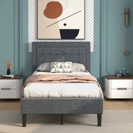 Twin Size Upholstered Bed Frame with Button Tufted Headboard - Black - Simple Bed Frame