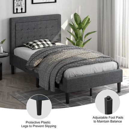 Twin Size Upholstered Bed Frame with Button Tufted Headboard - Black - Simple Bed Frame