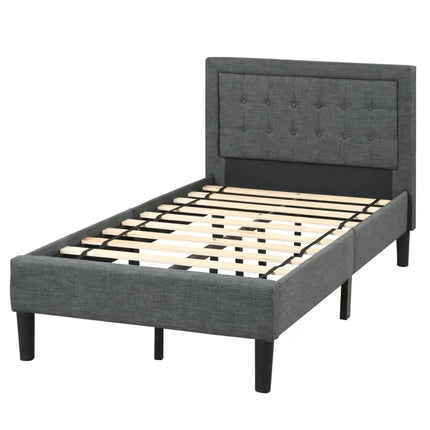 Twin Size Upholstered Bed Frame with Button Tufted Headboard - Black - Simple Bed Frame