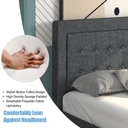 Twin Size Upholstered Bed Frame with Button Tufted Headboard - Black - Simple Bed Frame