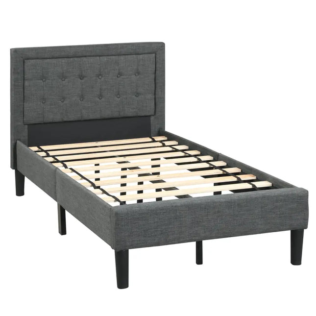 Twin Size Upholstered Bed Frame with Button Tufted Headboard - Black - Simple Bed Frame